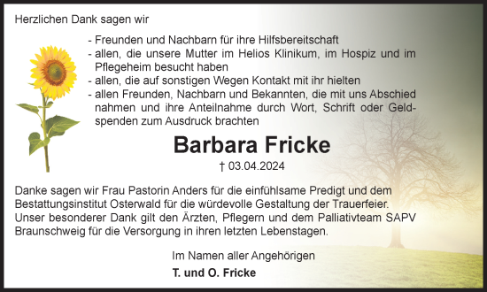 Traueranzeige von Barbara Fricke von Helmstedter Nachrichten