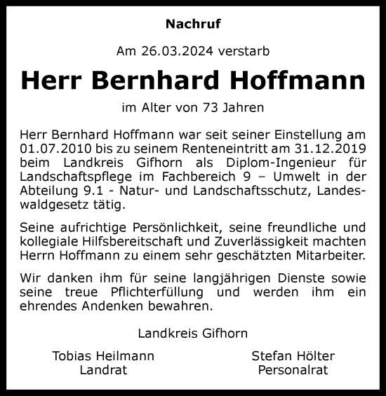 Traueranzeige von Bernhard Hoffmann von Wolfsburger Nachrichten