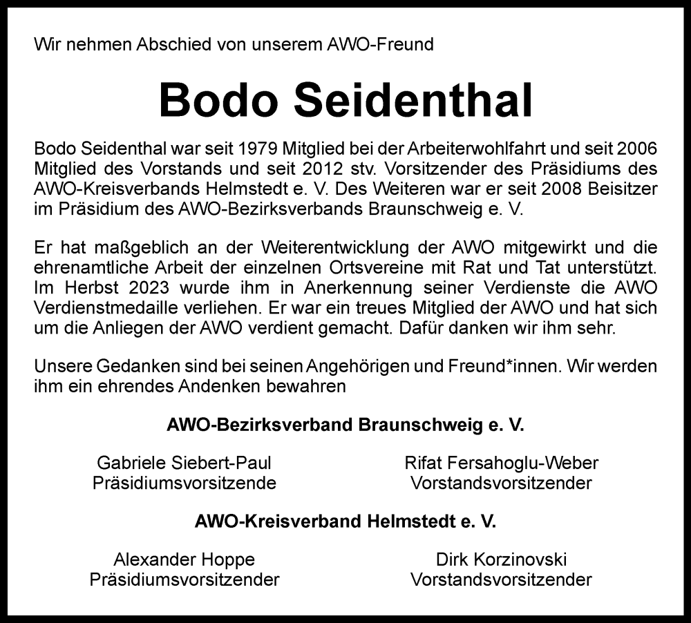  Traueranzeige für Bodo Seidenthal vom 18.05.2024 aus Braunschweiger Zeitung