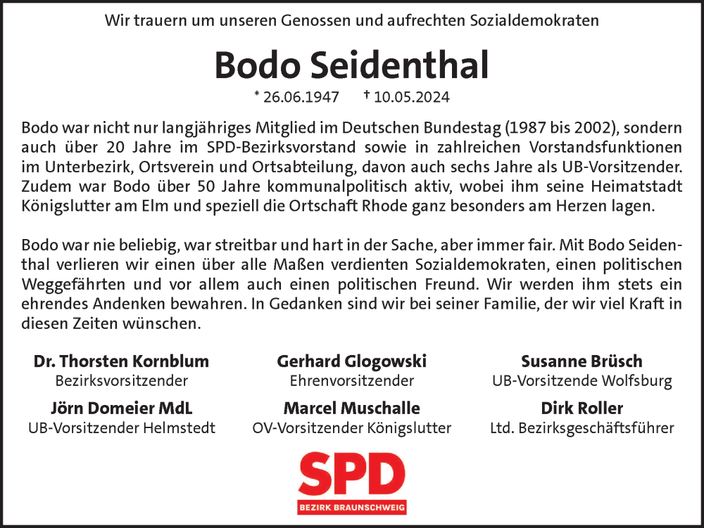  Traueranzeige für Bodo Seidenthal vom 18.05.2024 aus Braunschweiger Zeitung, Wolfsburger Nachrichten