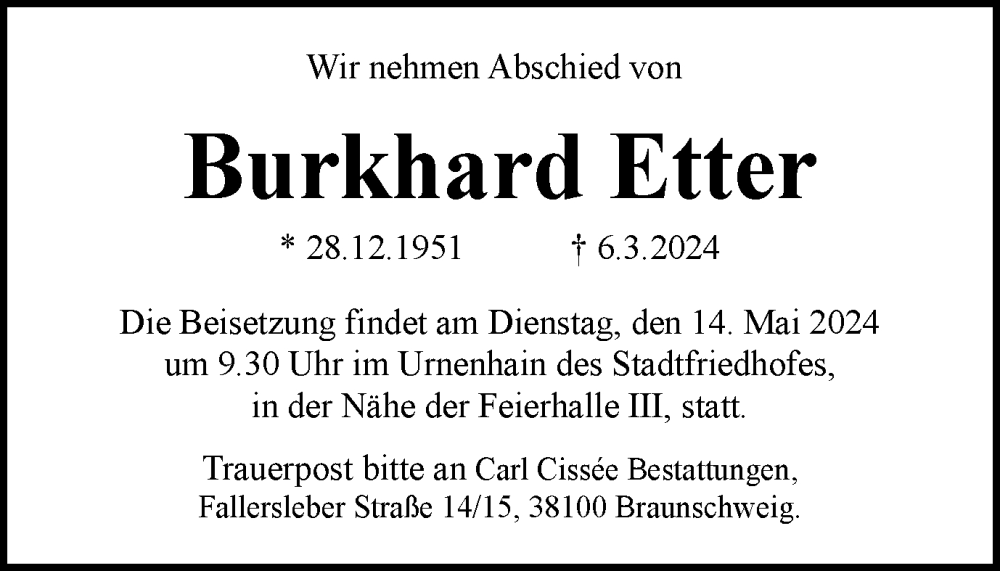  Traueranzeige für Burkhard Etter vom 11.05.2024 aus Braunschweiger Zeitung