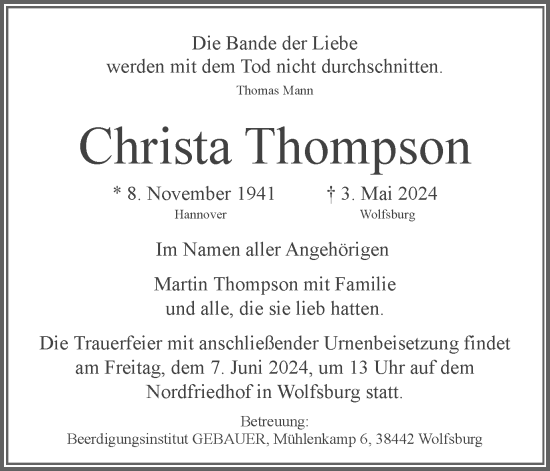 Traueranzeige von Christa Thompson von Wolfsburger Nachrichten