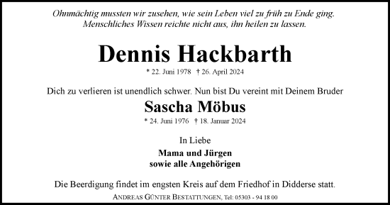 Traueranzeige von Dennis und Sascha Hackbarth und Möbus von Braunschweiger Zeitung