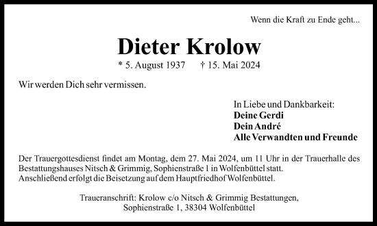 Traueranzeige von Dieter Krolow von Wolfenbütteler Zeitung