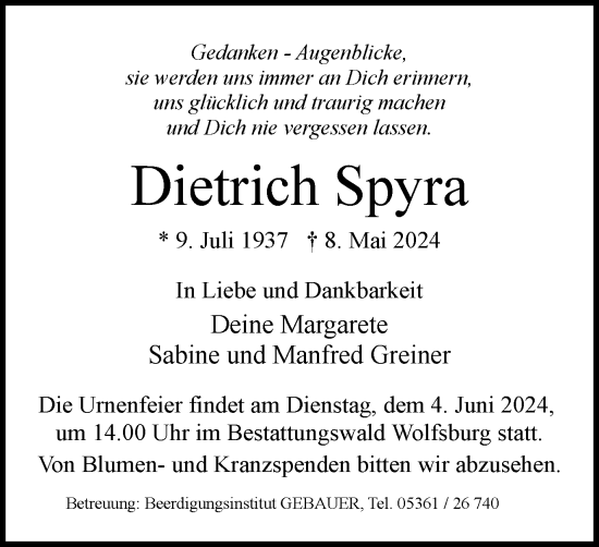 Traueranzeige von Dietrich Spyra von Wolfsburger Nachrichten