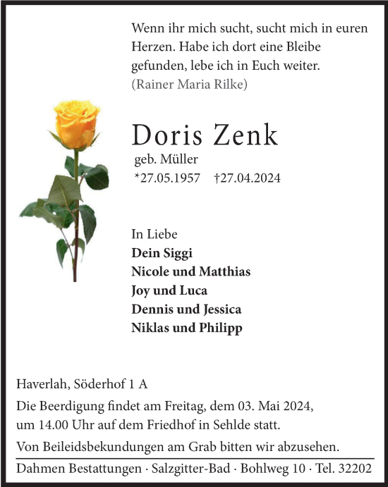Traueranzeige von Doris Zenk von Salzgitter-Zeitung