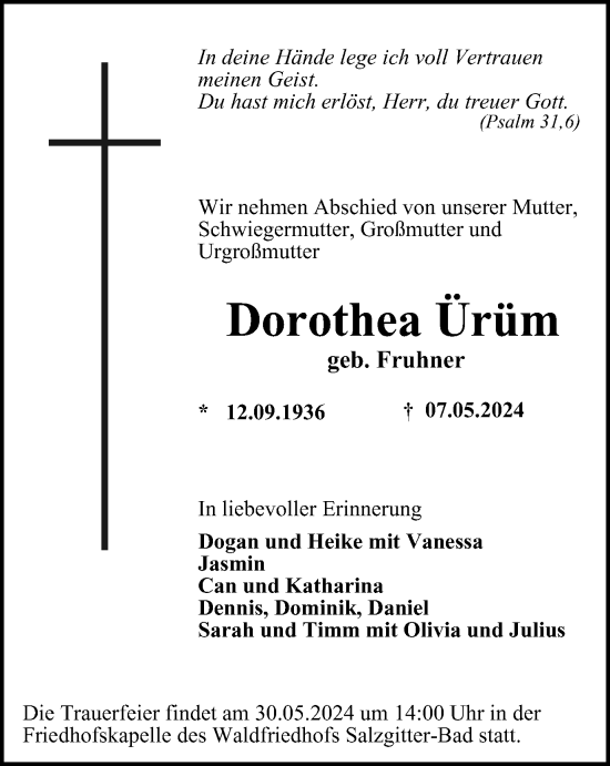 Traueranzeige von Dorothea Ürüm von Salzgitter-Zeitung