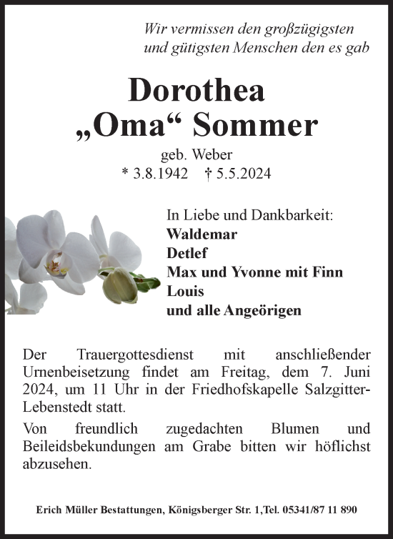 Traueranzeige von Dorthea Sommer von Salzgitter-Zeitung