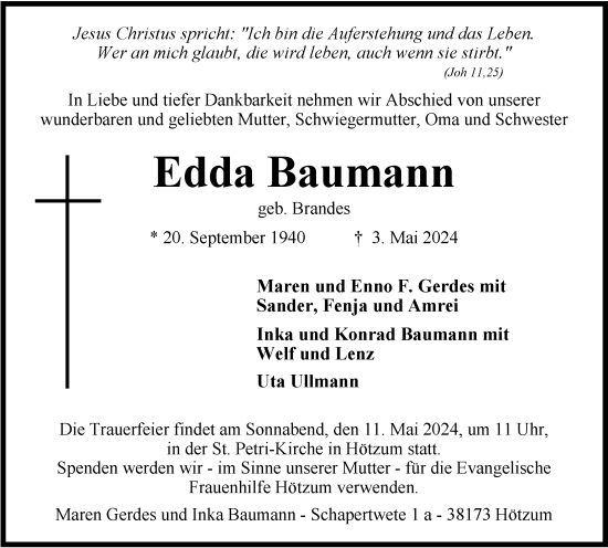 Traueranzeige von Edda Baumann von Braunschweiger Zeitung