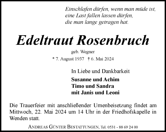 Traueranzeige von Edeltraut Rosenbruch von Braunschweiger Zeitung
