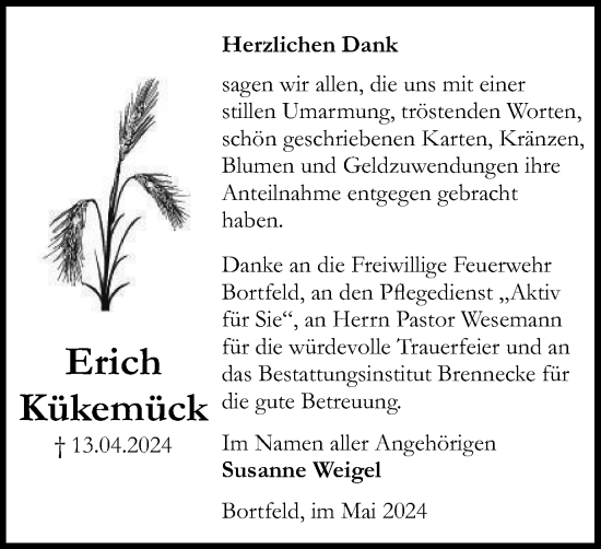 Traueranzeige von Erich Kükemück von Braunschweiger Zeitung