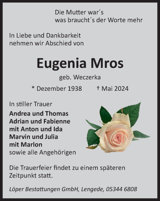 Traueranzeige von Eugenia Mros von Peiner Nachrichten