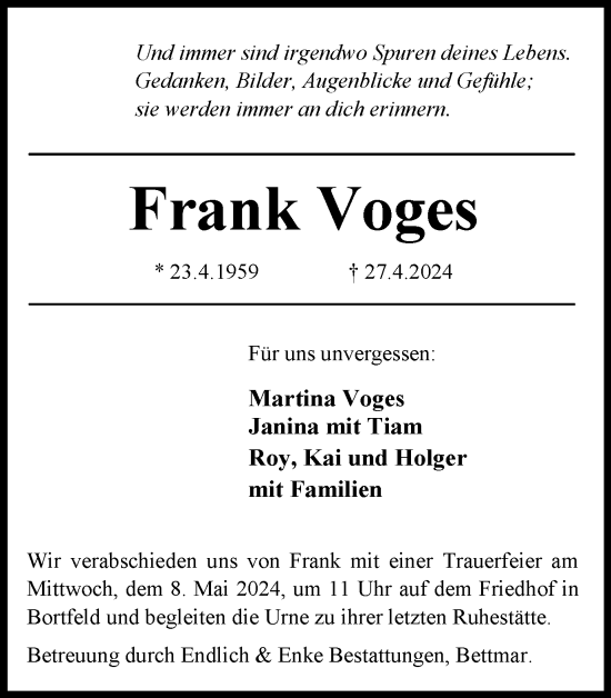 Traueranzeige von Frank Voges von Peiner Nachrichten