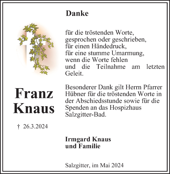 Traueranzeige von Franz Knaus von Salzgitter-Zeitung