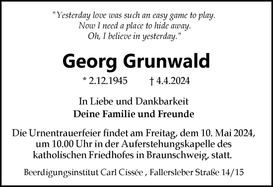 Traueranzeige von Georg Grunwald von Braunschweiger Zeitung