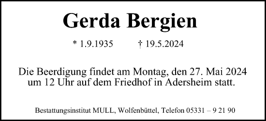 Traueranzeige von Gerda Bergien von Wolfenbütteler Zeitung