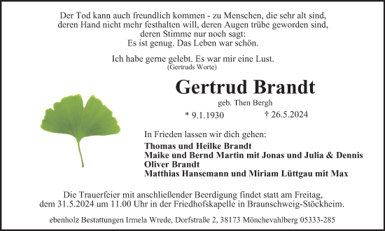 Traueranzeige von Gertrud Brandt von Braunschweiger Zeitung