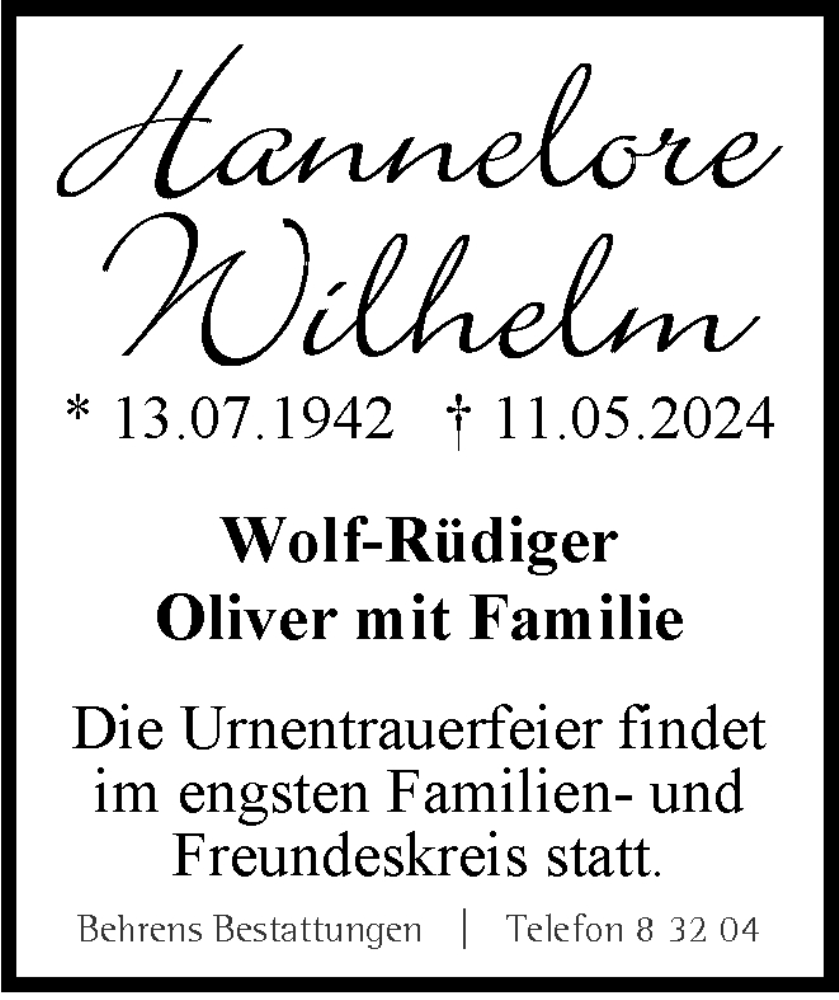  Traueranzeige für Hannelore Wilhelm vom 18.05.2024 aus Braunschweiger Zeitung