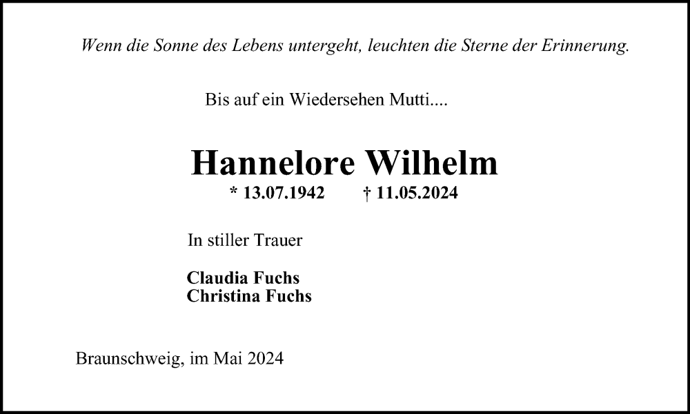  Traueranzeige für Hannelore Wilhelm vom 25.05.2024 aus Braunschweiger Zeitung