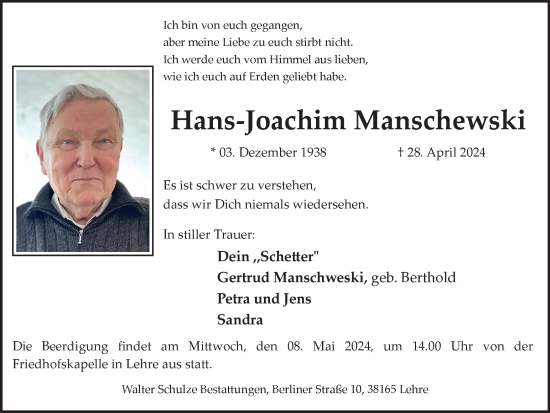 Traueranzeige von Hans-Joachim Manschewski von Helmstedter Nachrichten