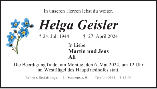 Traueranzeige von Helga Geisler von Braunschweiger Zeitung