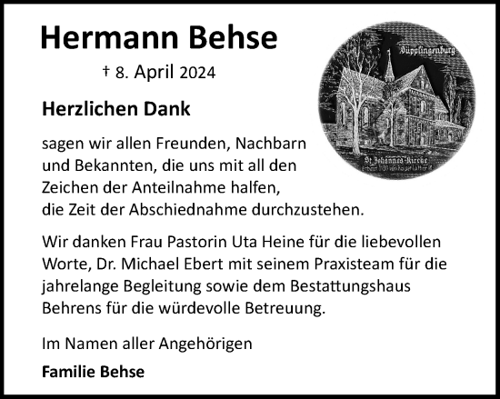 Traueranzeige von Hermann Behse von Wolfsburger Nachrichten