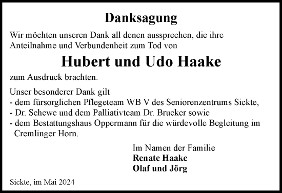 Traueranzeige von Hubert und Udo Haake von Braunschweiger Zeitung