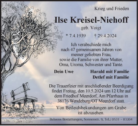 Traueranzeige von Ilse Kreisel-Niehoff von Braunschweiger Zeitung