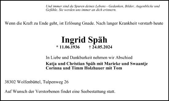 Traueranzeige von Ingrid Späh von Salzgitter-Zeitung