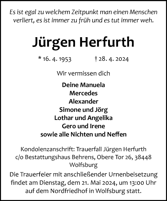 Traueranzeige von Jürgen Herfurth von Wolfsburger Nachrichten