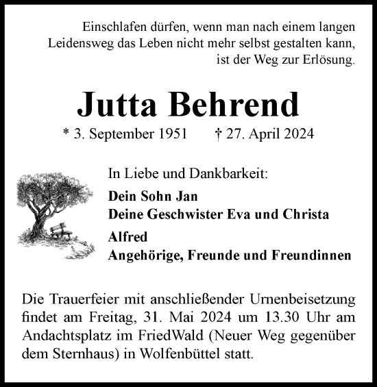 Traueranzeige von Jutta Behrend von Wolfenbütteler Zeitung