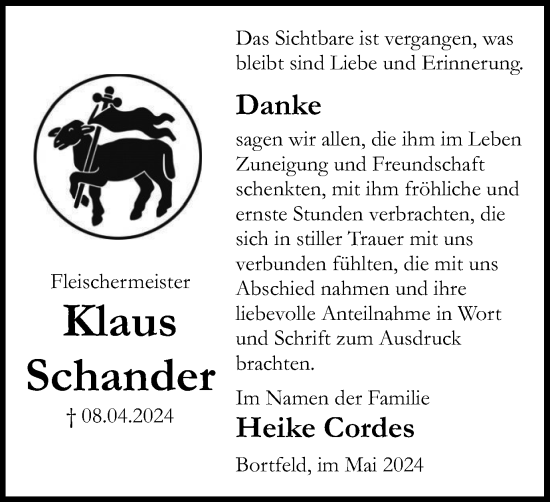 Traueranzeige von Klaus Schander von Peiner Nachrichten