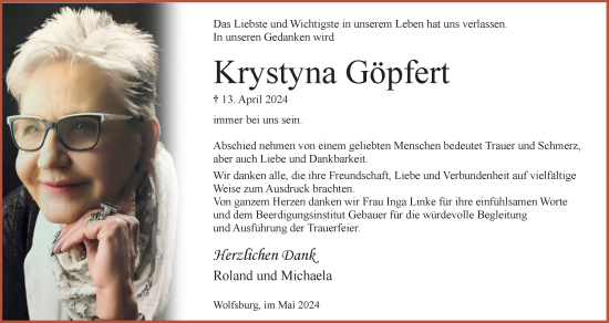 Traueranzeige von Krystyna Göpfert von Wolfsburger Nachrichten