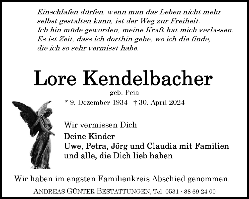  Traueranzeige für Lore Kendelbacher vom 18.05.2024 aus Braunschweiger Zeitung
