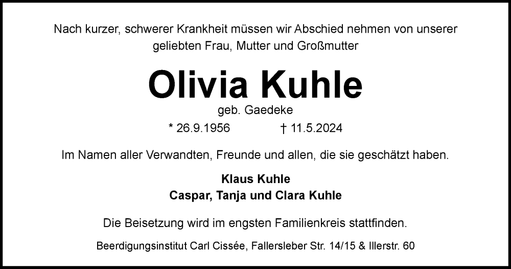  Traueranzeige für Olivia Kuhle vom 18.05.2024 aus Braunschweiger Zeitung