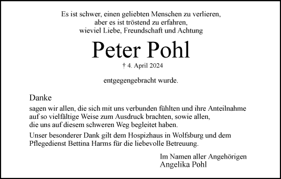 Traueranzeige von Peter Pohl von Wolfsburger Nachrichten