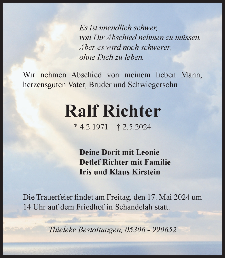  Traueranzeige für Ralf Richter vom 11.05.2024 aus Wolfenbütteler Zeitung