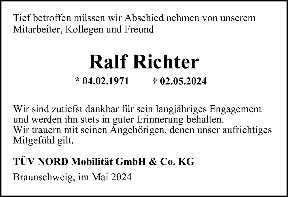  Traueranzeige für Ralf Richter vom 11.05.2024 aus Braunschweiger Zeitung