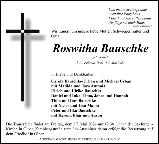 Traueranzeige von Roswitha Bauschke von Braunschweiger Zeitung