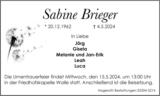 Traueranzeige von Sabine Brieger von Braunschweiger Zeitung