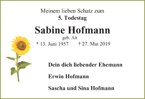 Traueranzeige von Sabine Hofmann von Braunschweiger Zeitung