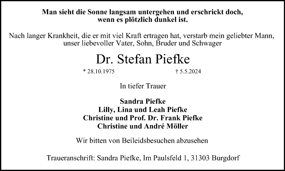  Traueranzeige für Stefan Piefke vom 11.05.2024 aus Braunschweiger Zeitung