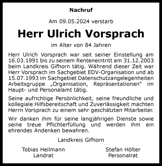 Traueranzeige von Ulrich Vorsprach von Wolfsburger Nachrichten