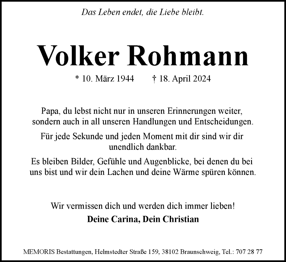  Traueranzeige für Volker Rohmann vom 11.05.2024 aus Braunschweiger Zeitung