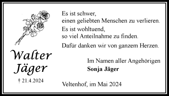 Traueranzeige von Walter Jäger von Braunschweiger Zeitung