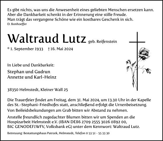 Traueranzeige von Waltraud Lutz von Helmstedter Nachrichten