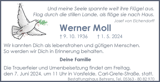 Traueranzeige von Werner Moll von Wolfsburger Nachrichten