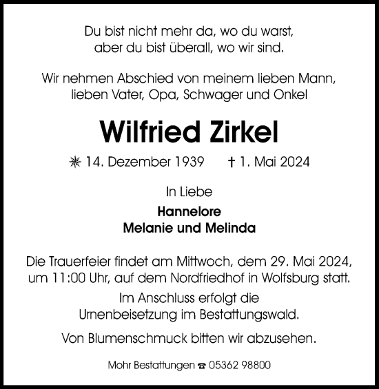 Traueranzeige von Wilfried Zirkel von Wolfsburger Nachrichten