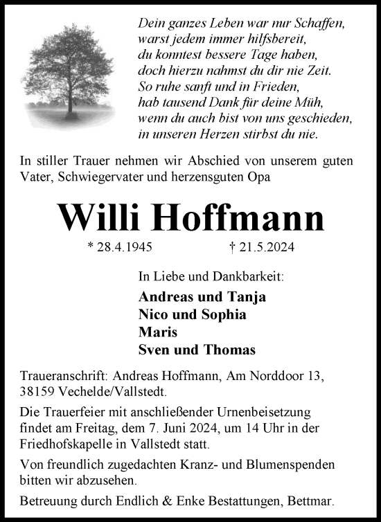 Traueranzeige von Willi Hoffmann von Peiner Nachrichten