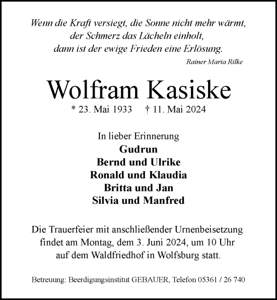 Traueranzeige von Wolfram Kasiske von Wolfsburger Nachrichten